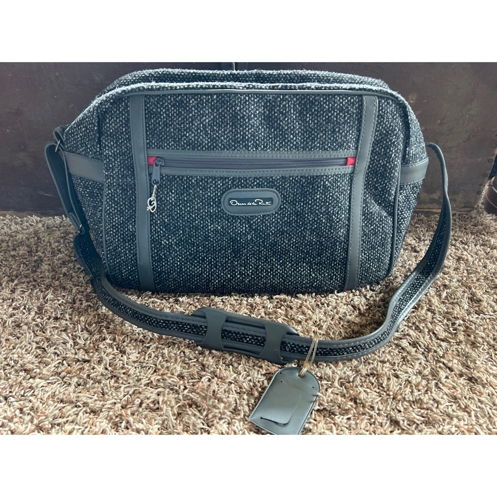 Oscar de la Renta Vintage Tweed Travel Bag Grey Black Shoulder Carry On Luggage